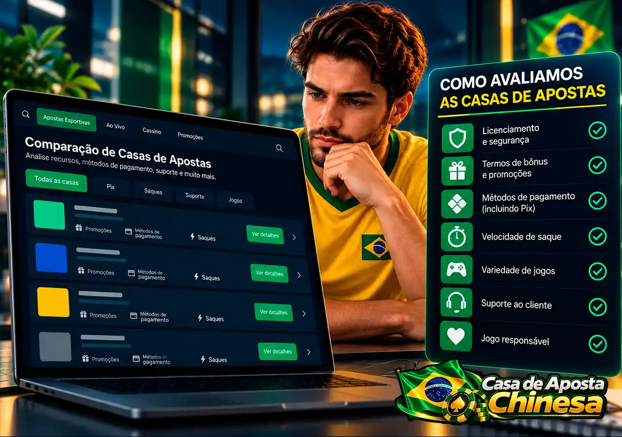 Comparação de casas de apostas com checklist de sete critérios de avaliação para o Brasil.